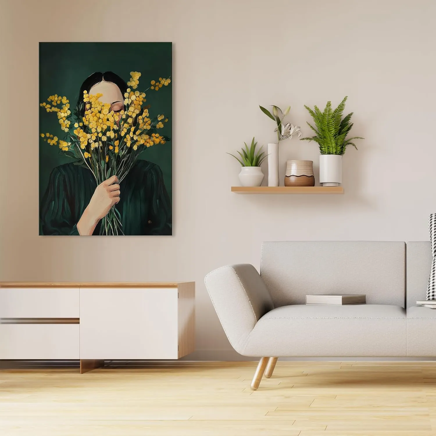 UCRAASDEB Emerald Green Abstract Feminine People Wall Art, Girl with Flowers Minimal Japandi Female Abstract Canvas Prints, Retro Female Portrait Aesthetic Decor for Bedroom Apartment Dorm 16'' x 12''