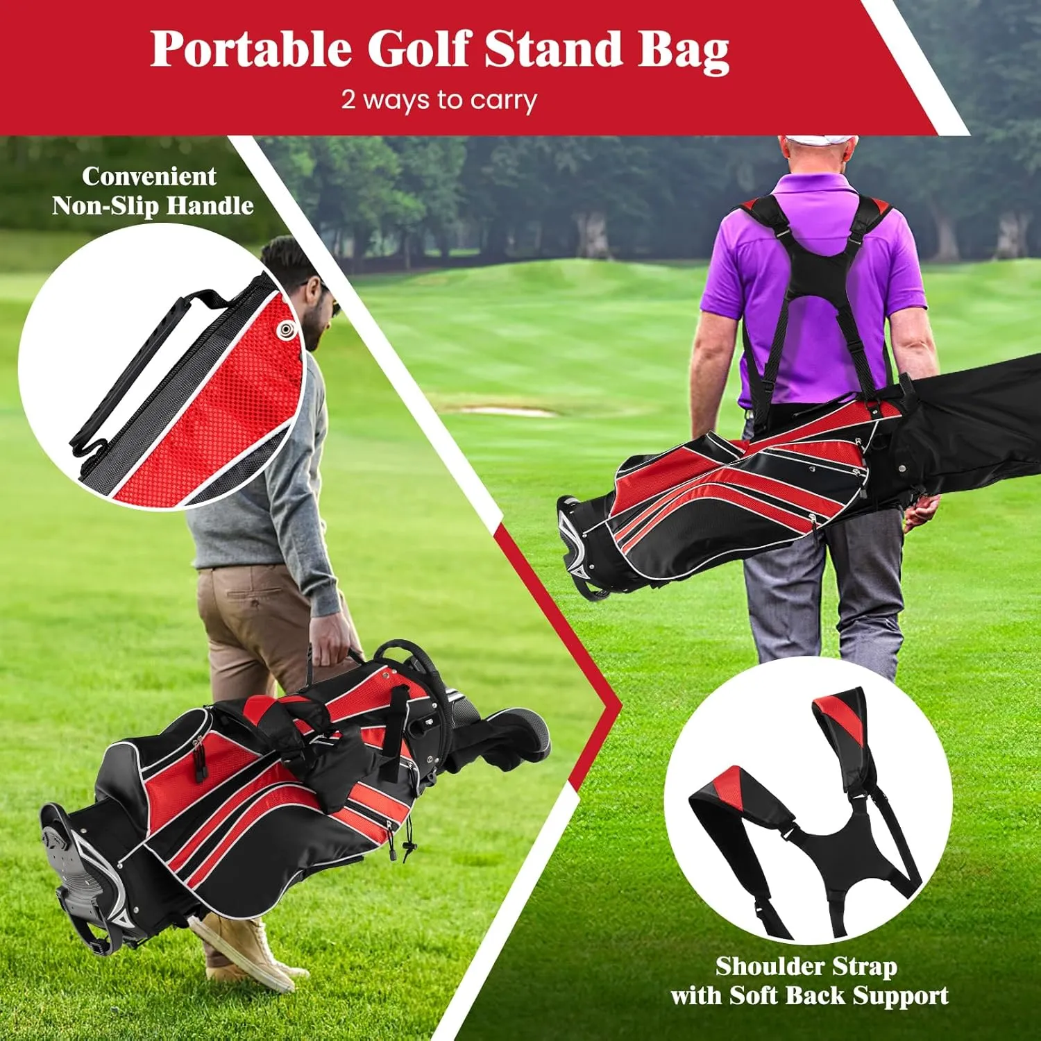 ULTIMATE Golf Stand Bag, 6 Way Top Dividers Golf Bag w/Pockets & Cooler Bag, Lightweight Portable Golf Club Bag w/Dual Shoulder Strap & Rain Hood, Golf Carry Bag for Women & Men