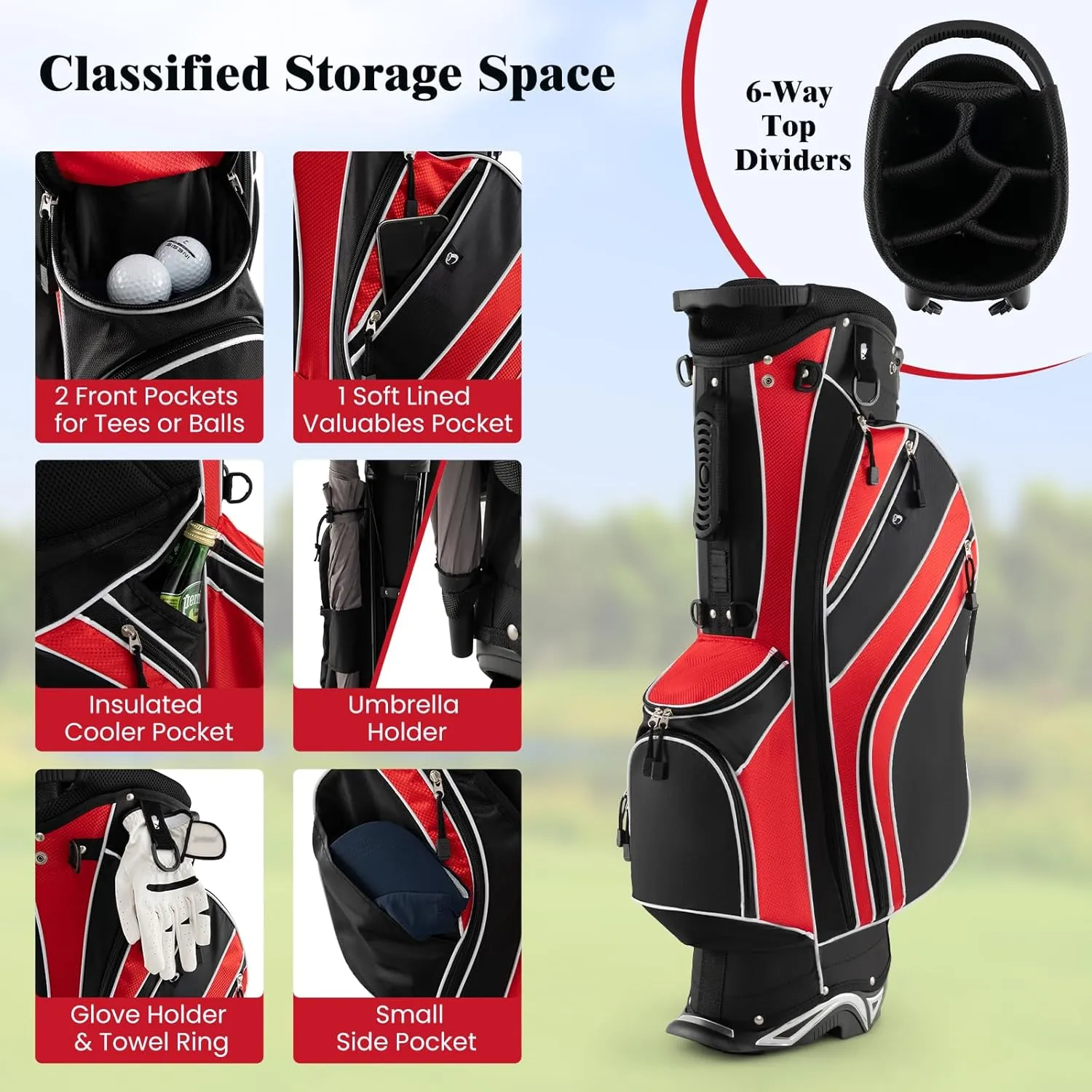 ULTIMATE Golf Stand Bag, 6 Way Top Dividers Golf Bag w/Pockets & Cooler Bag, Lightweight Portable Golf Club Bag w/Dual Shoulder Strap & Rain Hood, Golf Carry Bag for Women & Men
