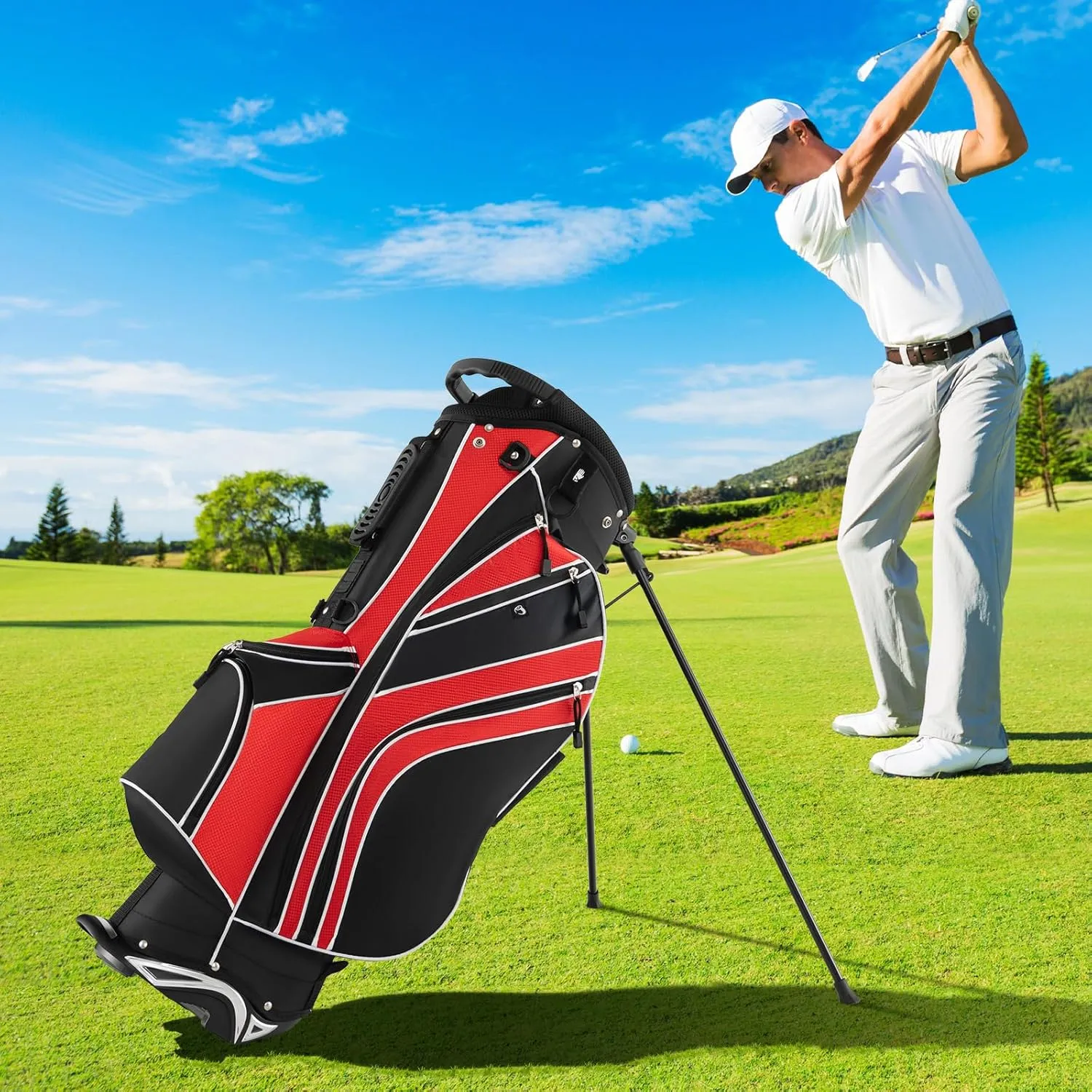 ULTIMATE Golf Stand Bag, 6 Way Top Dividers Golf Bag w/Pockets & Cooler Bag, Lightweight Portable Golf Club Bag w/Dual Shoulder Strap & Rain Hood, Golf Carry Bag for Women & Men