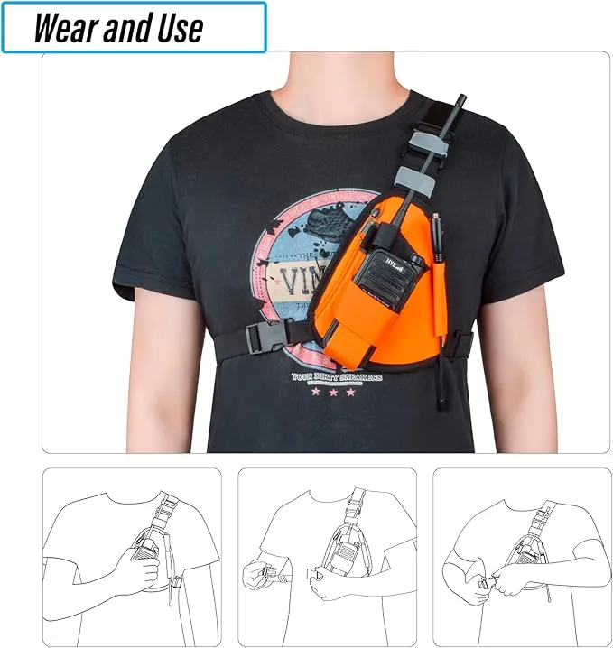 Universal Radio Chest Pack, Walkie-Talkie Nylon Holder, Holster Case Pouch Front Pack Accessories for Baofeng UV5R Kenwood Yaesu Motorola Cobra Retevis Two Way Radio (Orange)