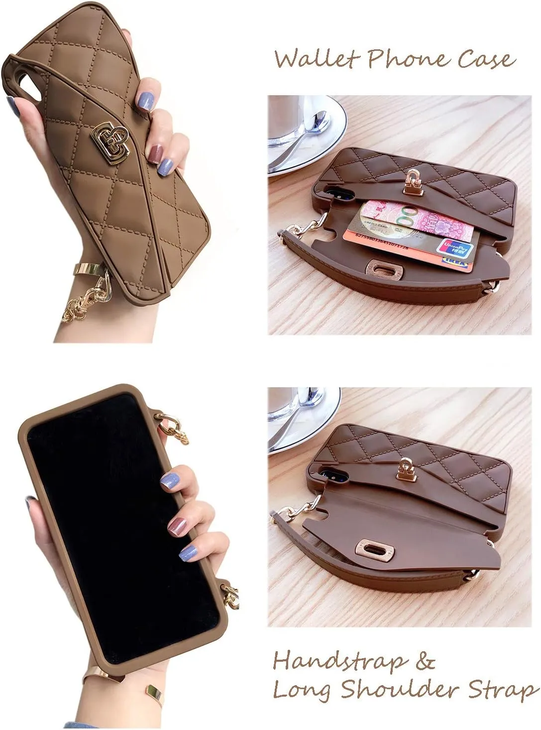 UnnFiko Wallet Case Compatible with iPhone 11 Pro Max, Cute Light Luxury Bag Design, Purse Flip Card Pouch Cover Soft Silicone Case with Handstrap Long Shoulder Strap (Brown, iPhone 11 Pro Max)