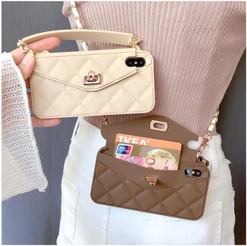 UnnFiko Wallet Case Compatible with iPhone 11 Pro Max, Cute Light Luxury Bag Design, Purse Flip Card Pouch Cover Soft Silicone Case with Handstrap Long Shoulder Strap (Brown, iPhone 11 Pro Max)