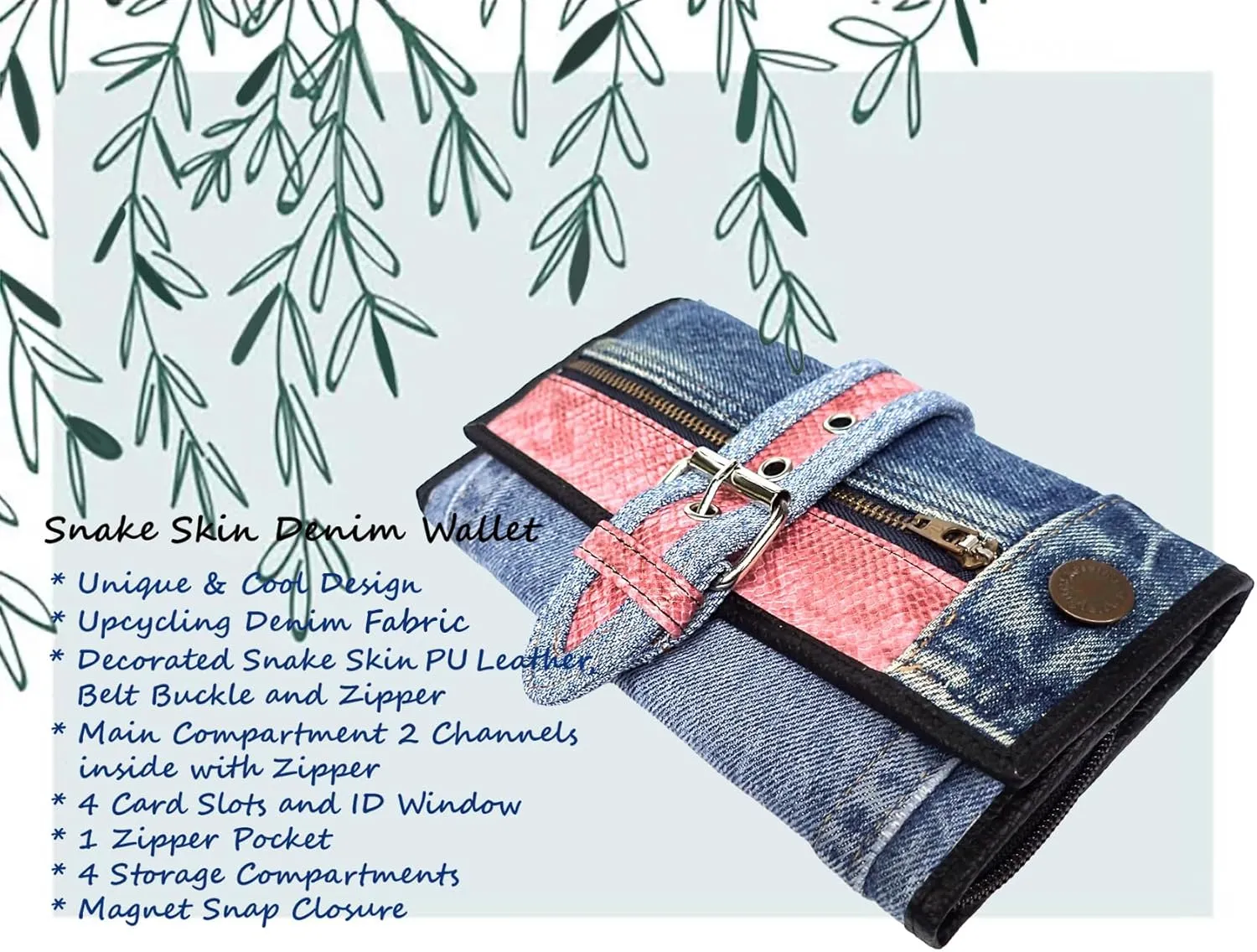 Upcycling Bifold Denim Wallet Decorated Snake skin PU leather Zipper and Buckle Accents Long Wallet Clutch Purse for Women (Pink)
