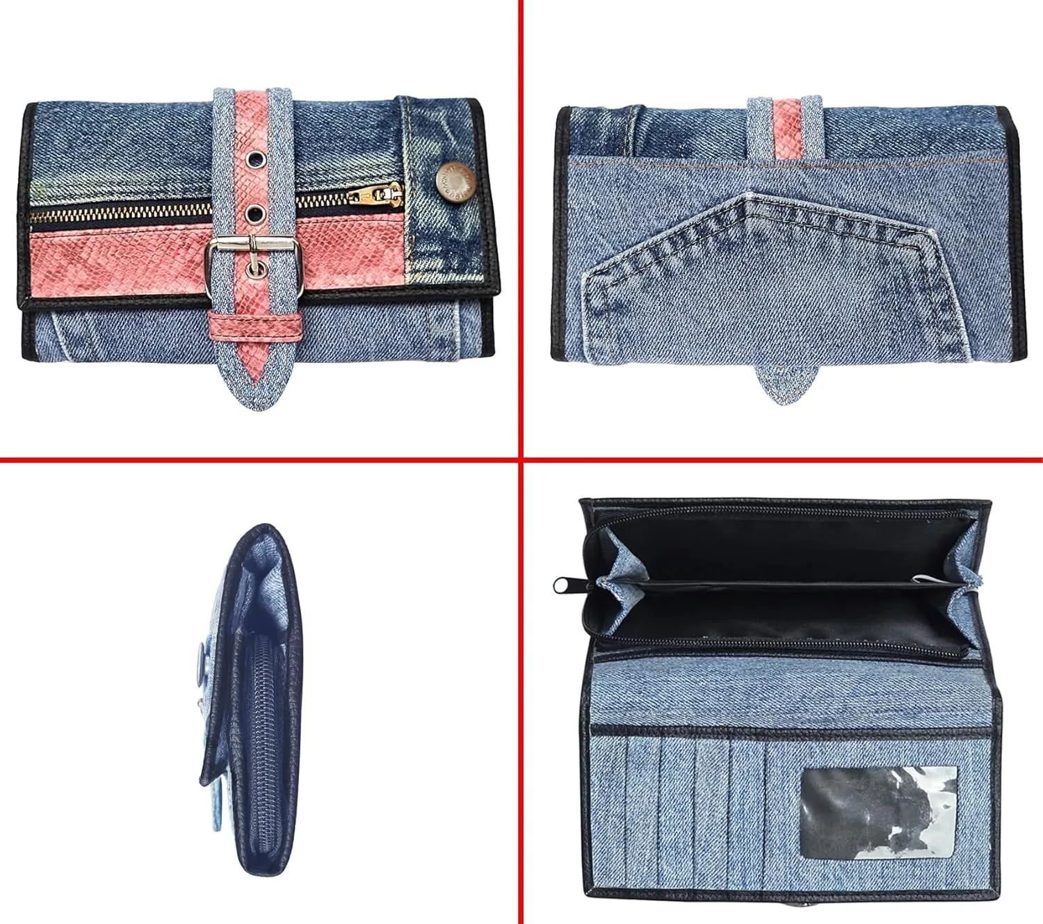Upcycling Bifold Denim Wallet Decorated Snake skin PU leather Zipper and Buckle Accents Long Wallet Clutch Purse for Women (Pink)
