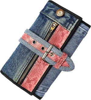Upcycling Bifold Denim Wallet Decorated Snake skin PU leather Zipper and Buckle Accents Long Wallet Clutch Purse for Women (Pink)
