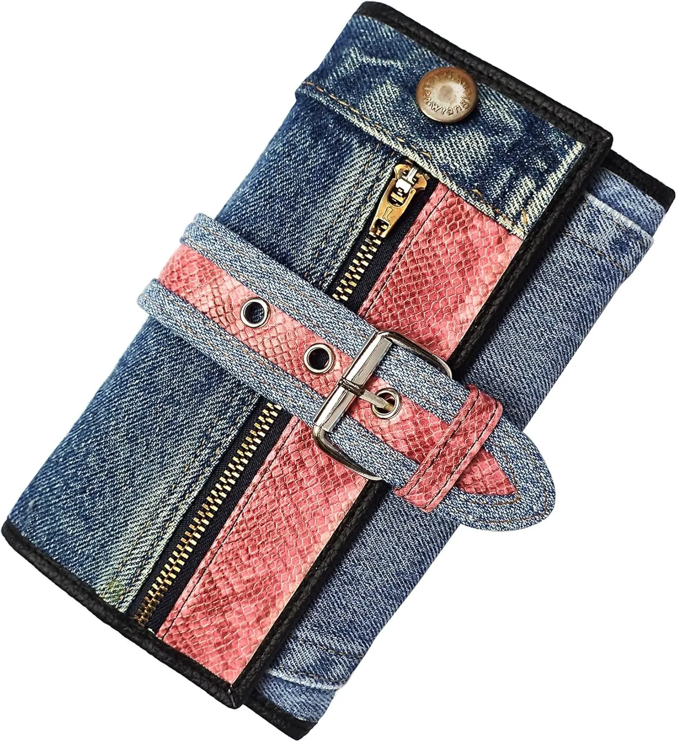 Upcycling Bifold Denim Wallet Decorated Snake skin PU leather Zipper and Buckle Accents Long Wallet Clutch Purse for Women (Pink)