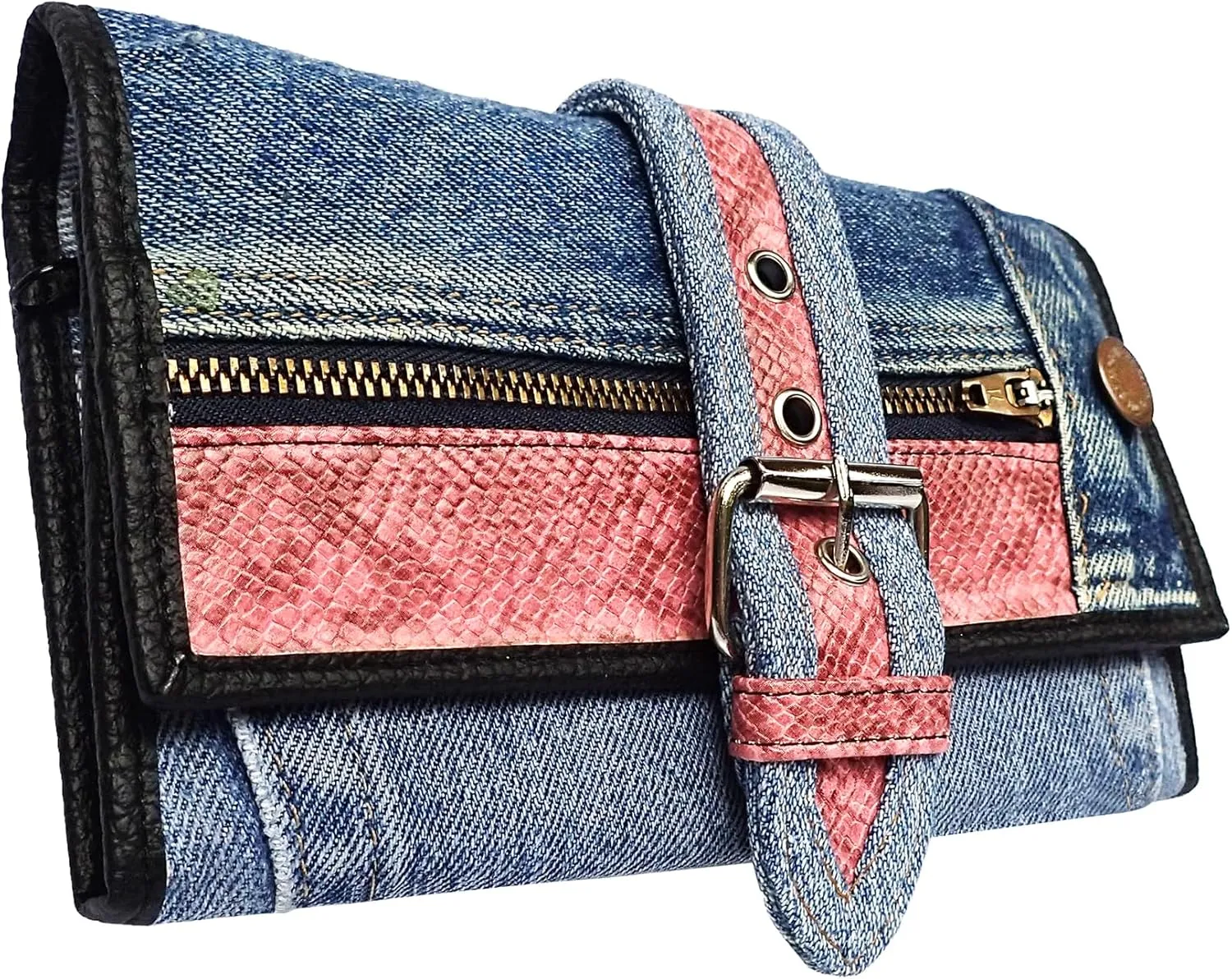 Upcycling Bifold Denim Wallet Decorated Snake skin PU leather Zipper and Buckle Accents Long Wallet Clutch Purse for Women (Pink)