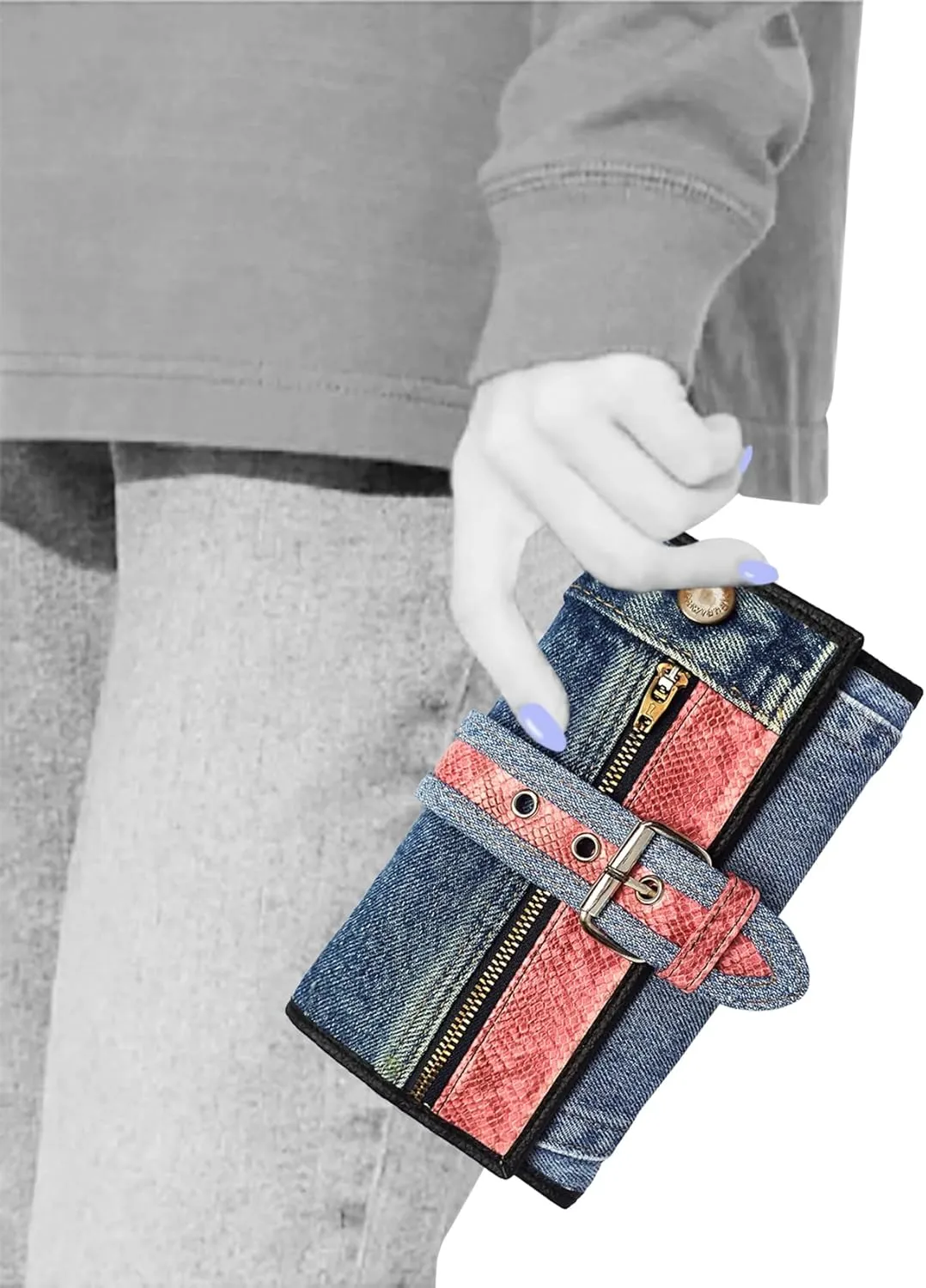 Upcycling Bifold Denim Wallet Decorated Snake skin PU leather Zipper and Buckle Accents Long Wallet Clutch Purse for Women (Pink)