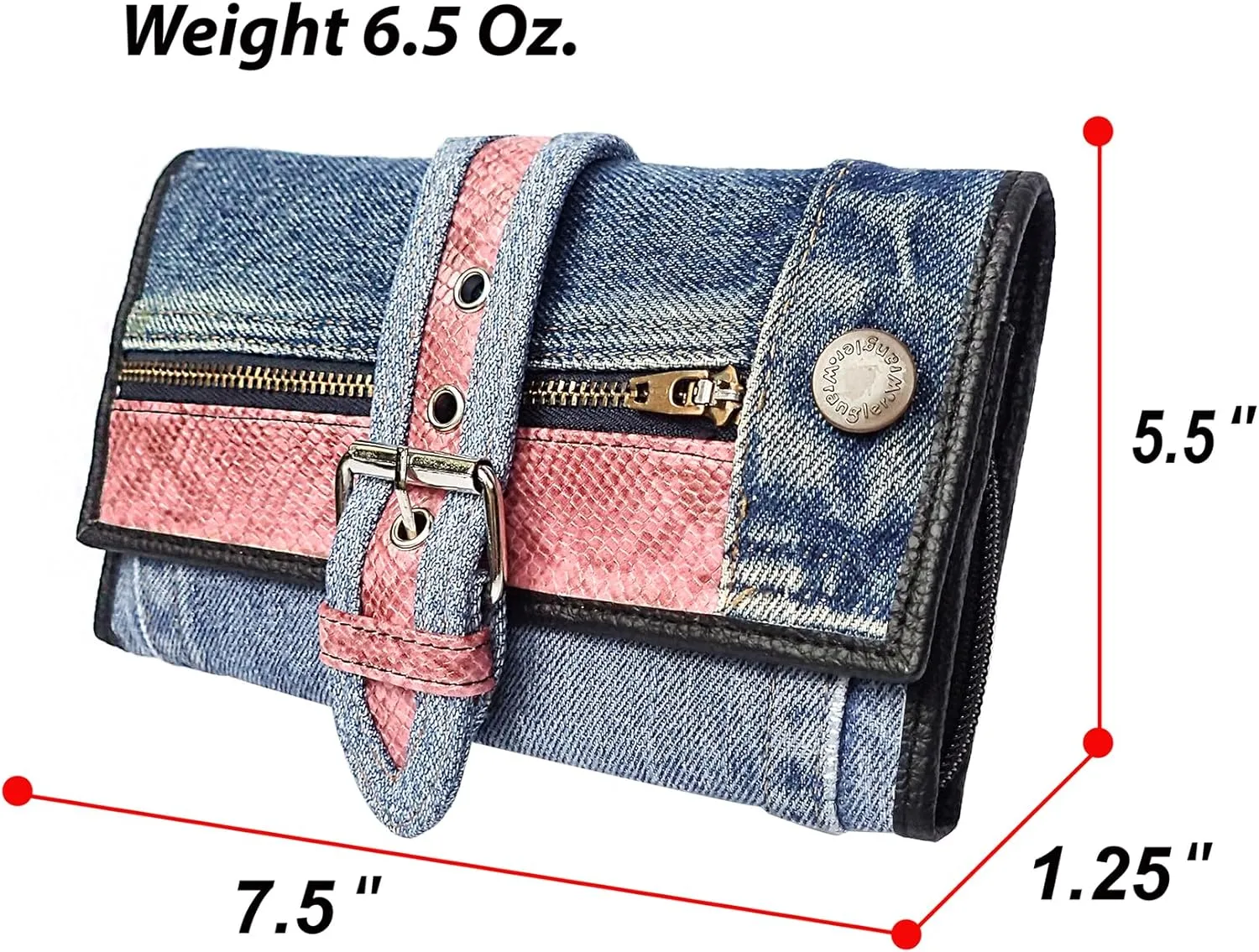 Upcycling Bifold Denim Wallet Decorated Snake skin PU leather Zipper and Buckle Accents Long Wallet Clutch Purse for Women (Pink)