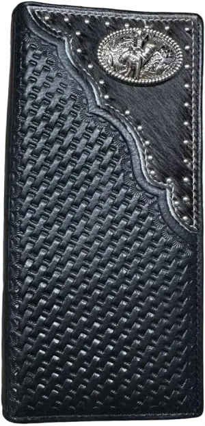 Urbalabs Mens Long Wallet Basketweave Leather Soft Leather Cow Hair Checkbook Style Cowboy Hand Crafted High End Mens Wallets Leather Bull Rider Rodeo Concho Gifts For Men (Black)