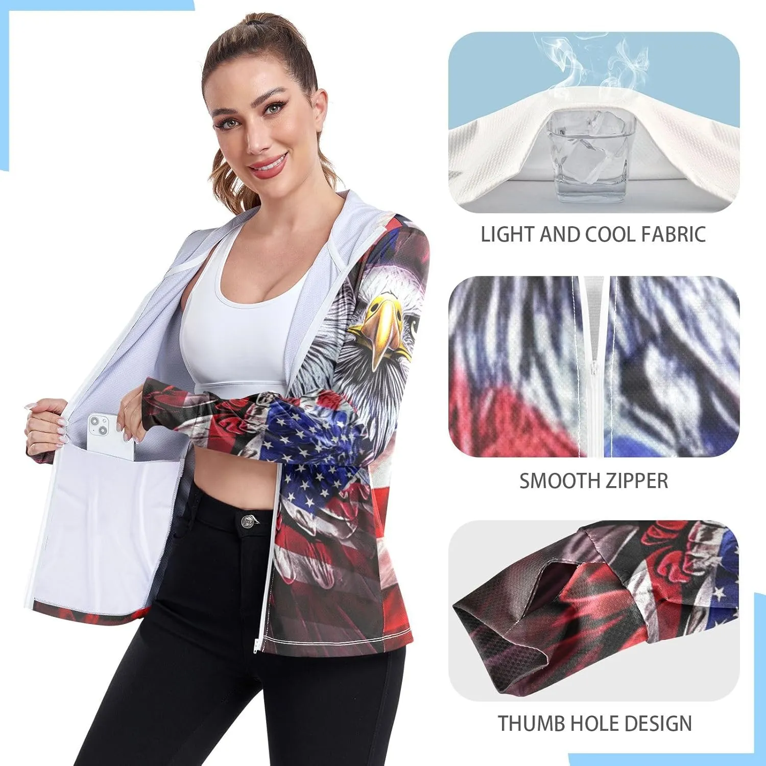 Us Flag Style Upf Shirt Women, Upf 50  Zip up Womens Fishing Shirts Long Sleeve