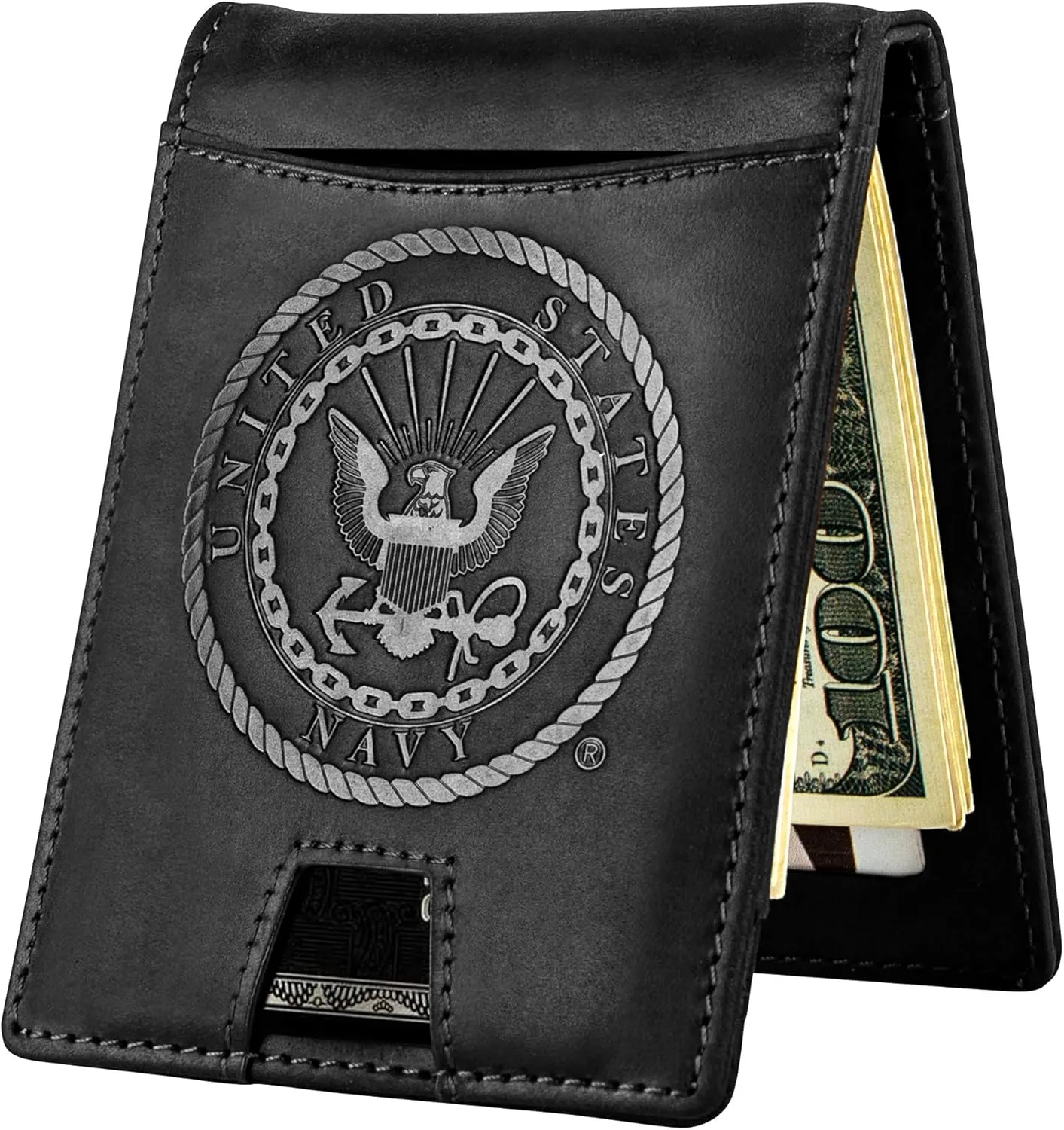US Navy Black Crazy Horse Leather Bi-Fold Card Holder with Money Clip - Black Navy Wallet