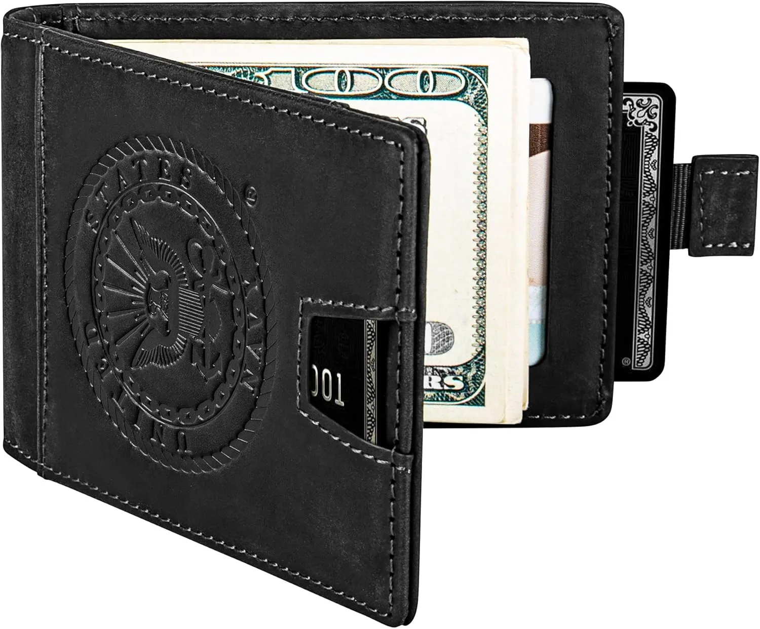US Navy Black Crazy Horse Leather Bi-Fold Card Holder with Money Clip - Black Navy Wallet