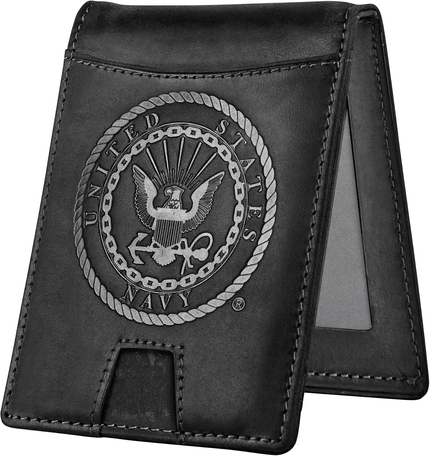 US Navy Black Crazy Horse Leather Bi-Fold Card Holder with Money Clip - Black Navy Wallet