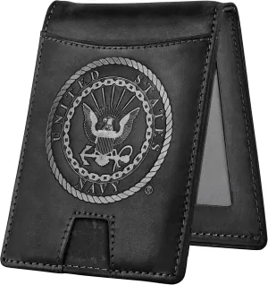US Navy Black Crazy Horse Leather Bi-Fold Card Holder with Money Clip - Black Navy Wallet