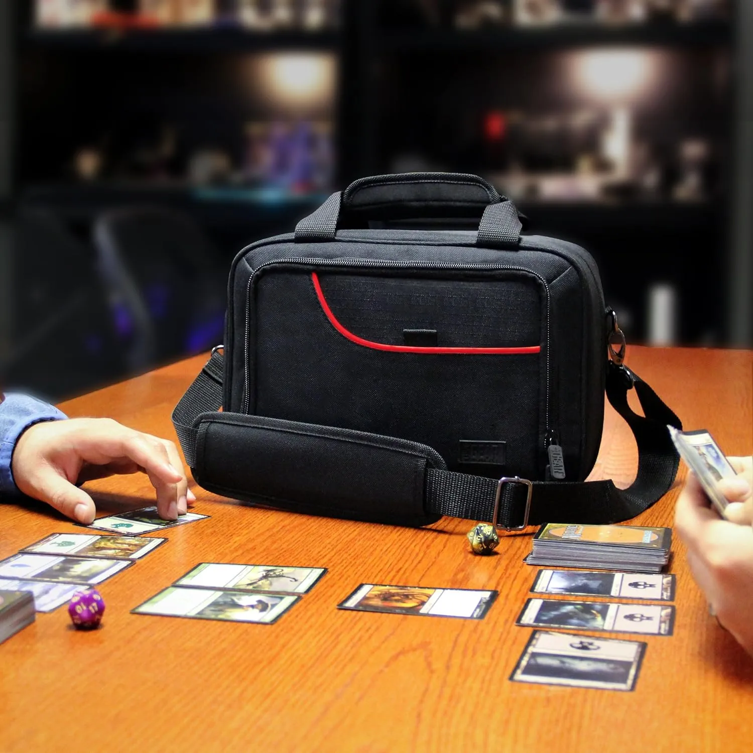 USA Gear Card Deck Storage Bag Compatible with TCG and CCG Card Games - Card Protector Bag with Padded Shoulder Strap, Customizable Interior, Weather Resistant - Fits Boxes and Loose Cards - Red