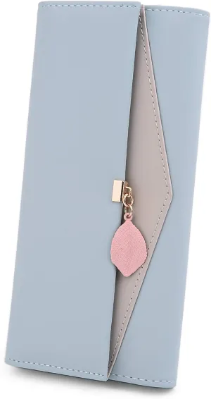 UTO RFID Wallet for Women PU Leather Leaf Pendant Card Holder Phone Checkbook Organizer Zipper Coin Purse