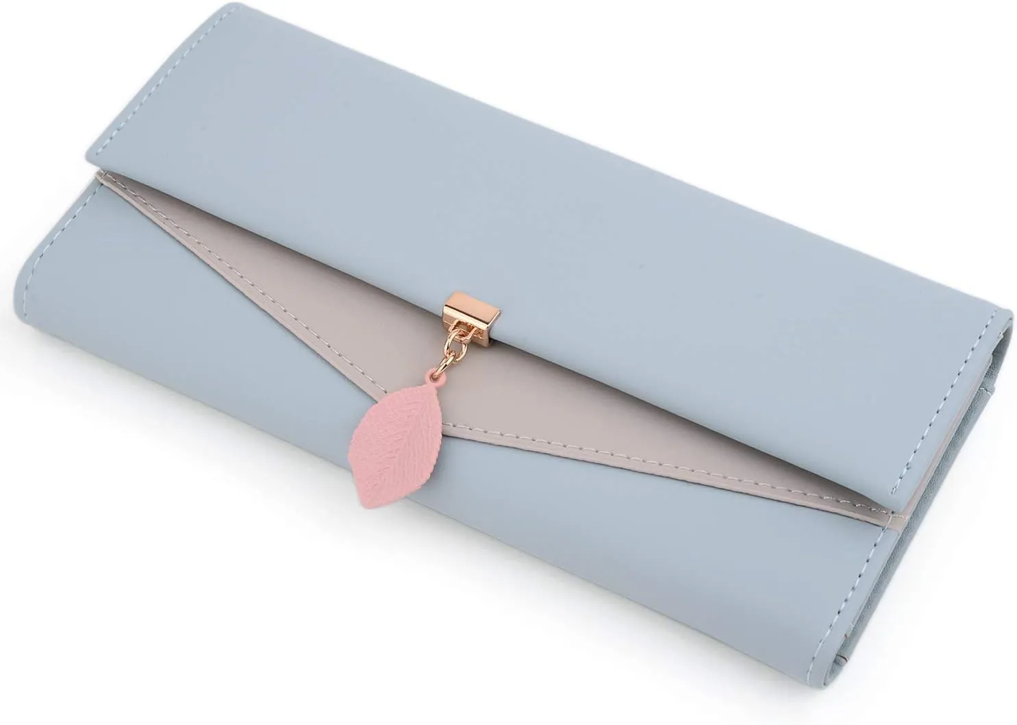 UTO RFID Wallet for Women PU Leather Leaf Pendant Card Holder Phone Checkbook Organizer Zipper Coin Purse