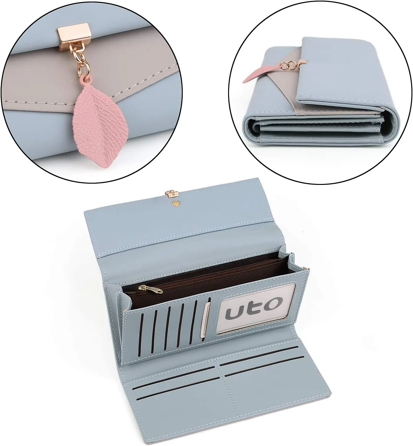 UTO RFID Wallet for Women PU Leather Leaf Pendant Card Holder Phone Checkbook Organizer Zipper Coin Purse