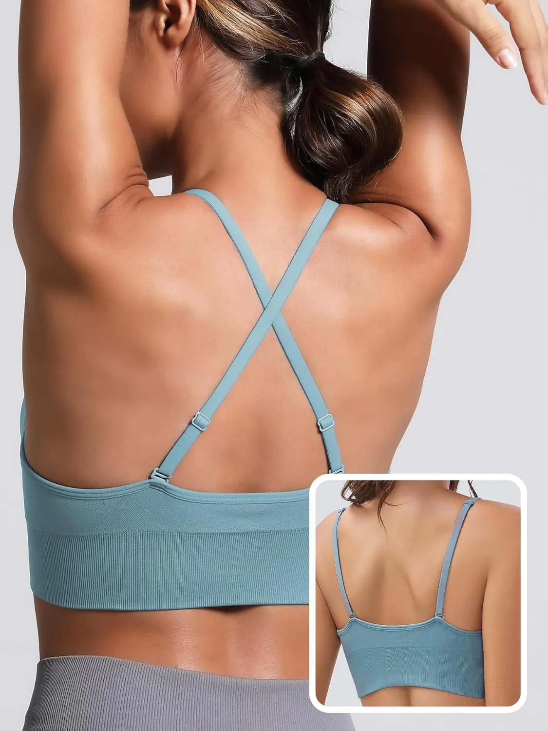 V Neck Adjustable Spaghetti Straps Sports Bra for Women, Padded Criss Cross Back Longline Yoga Bra Workout Crop Top Multipack