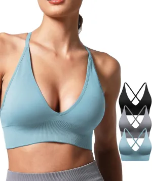 V Neck Adjustable Spaghetti Straps Sports Bra for Women, Padded Criss Cross Back Longline Yoga Bra Workout Crop Top Multipack