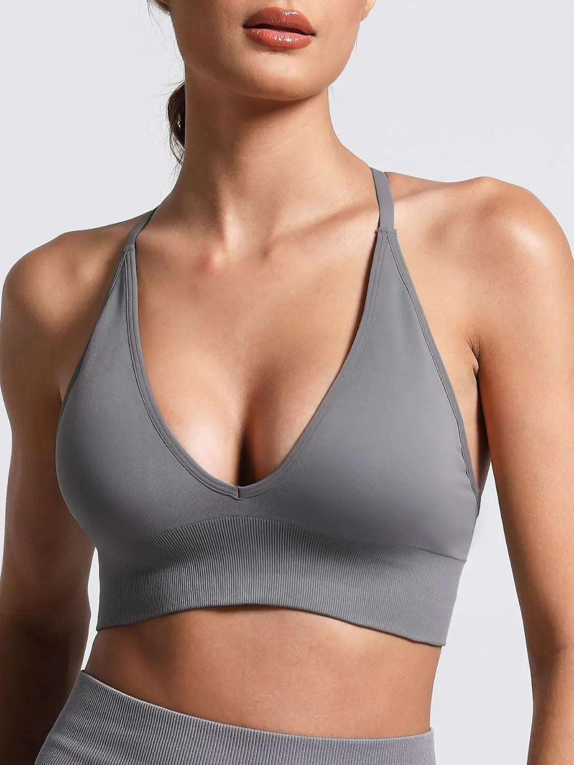 V Neck Adjustable Spaghetti Straps Sports Bra for Women, Padded Criss Cross Back Longline Yoga Bra Workout Crop Top Multipack