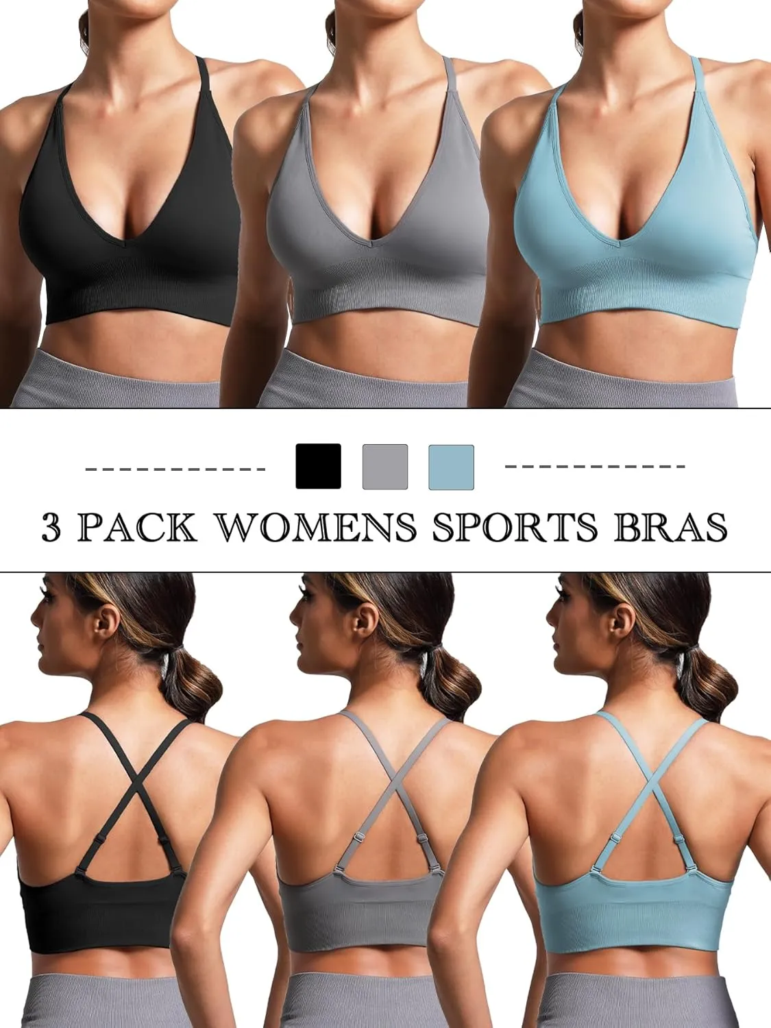 V Neck Adjustable Spaghetti Straps Sports Bra for Women, Padded Criss Cross Back Longline Yoga Bra Workout Crop Top Multipack