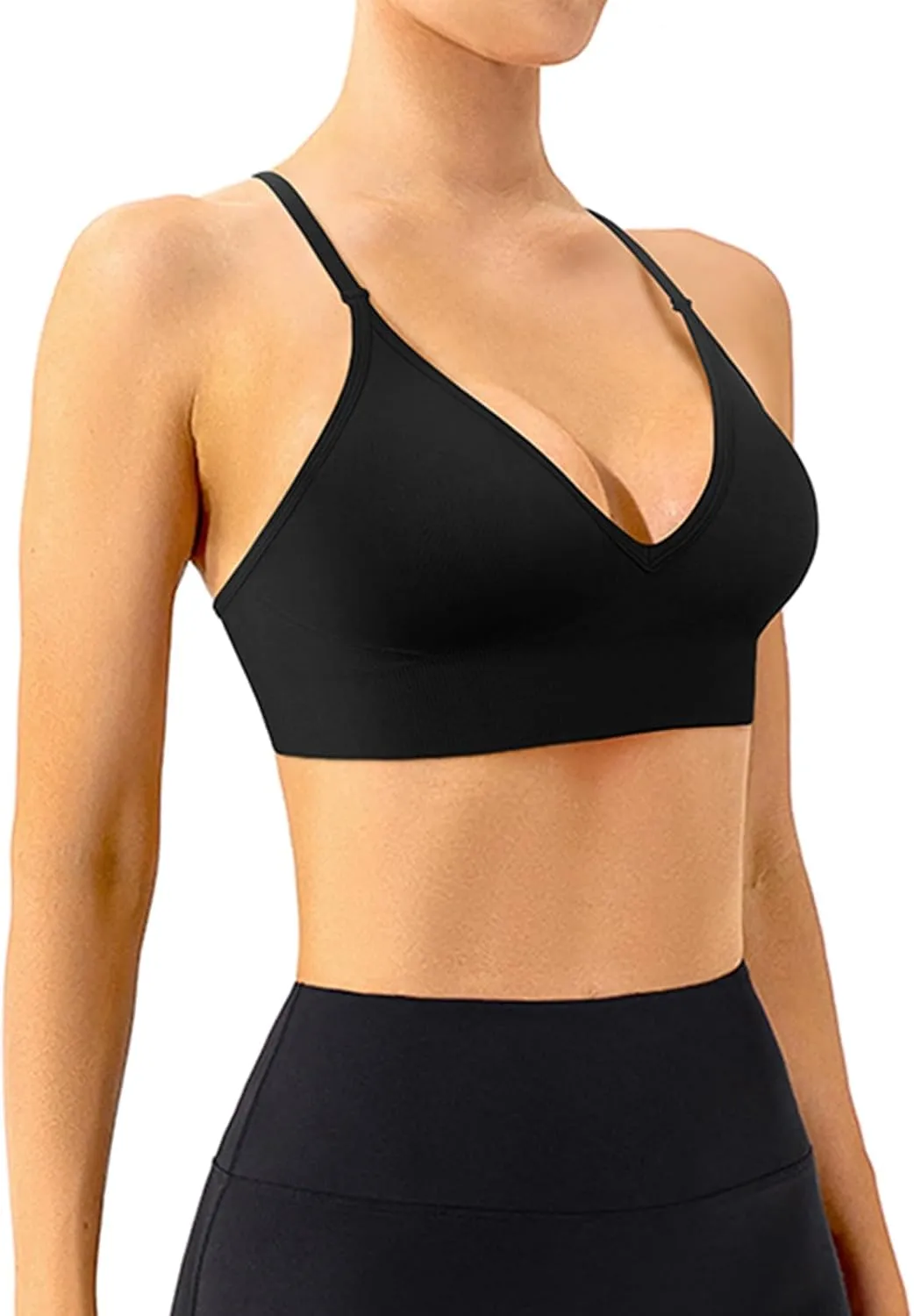 V-Neck Sports Bra for Women Adjustable Strappy Yoga Bra Spaghetti Strap Padded Workout Bra S-XL Low Impact Seamless Bralettes