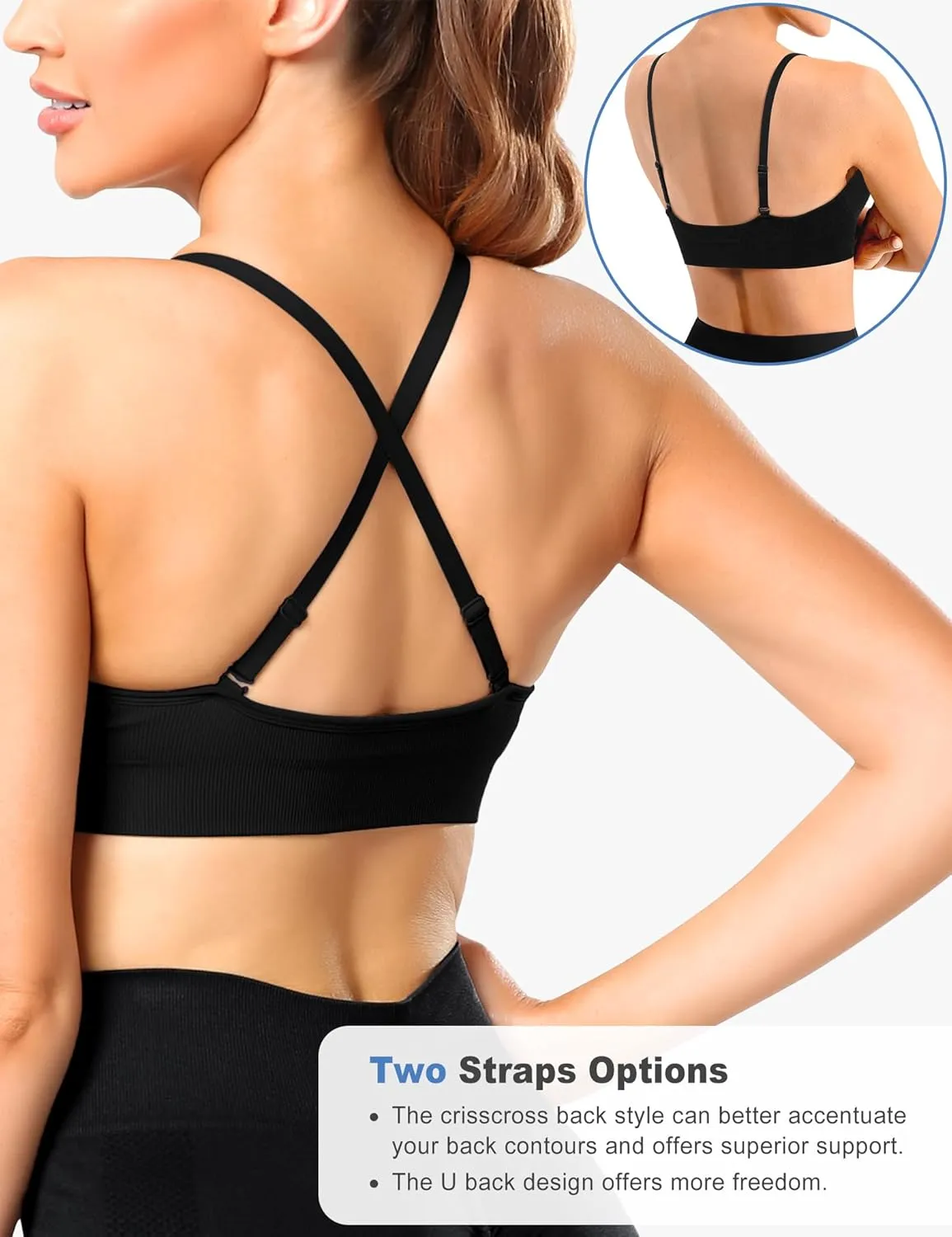 V-Neck Sports Bra for Women Adjustable Strappy Yoga Bra Spaghetti Strap Padded Workout Bra S-XL Low Impact Seamless Bralettes