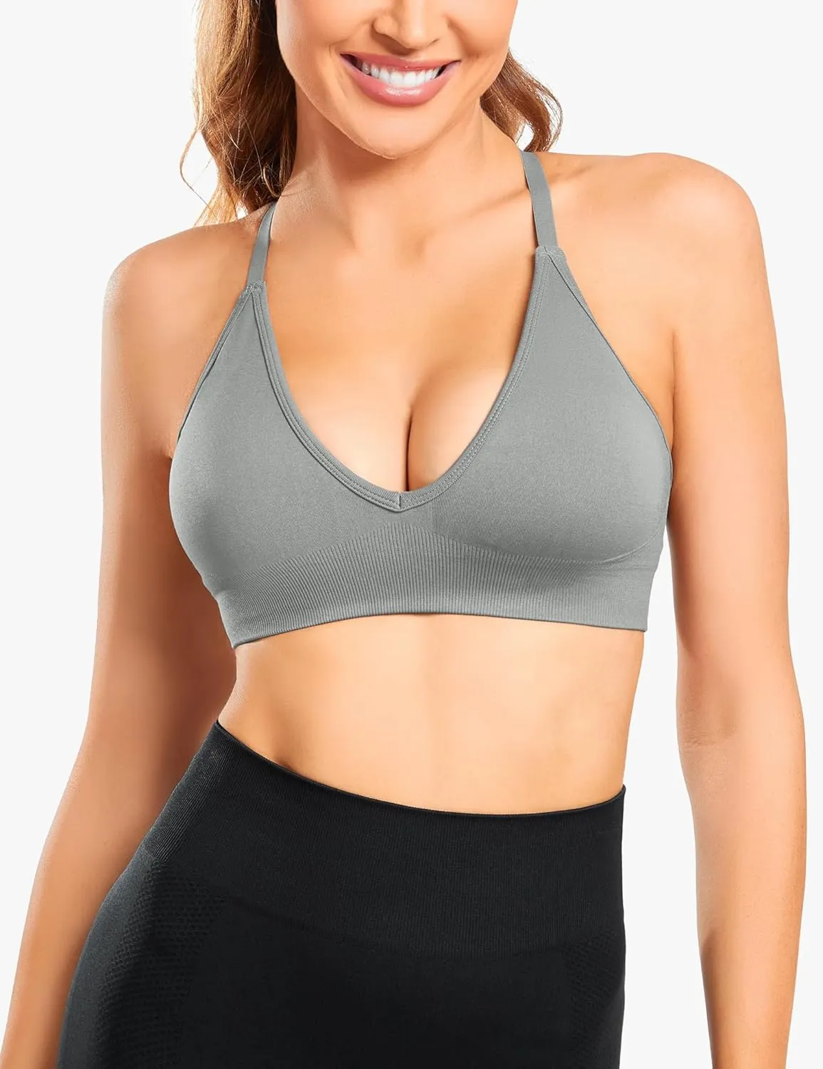 V-Neck Sports Bra for Women Adjustable Strappy Yoga Bra Spaghetti Strap Padded Workout Bra S-XL Low Impact Seamless Bralettes