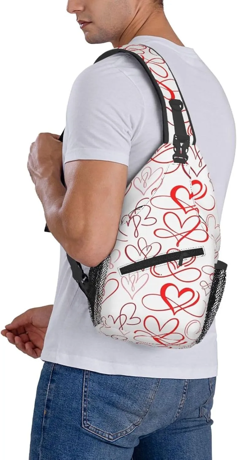 Valentine's Day Red Hearts Crossbody Bag Cross Chest Bag Adjustable Sling Backpack Sports Gym Shoulder Bags Travel Cycling Daypack Diagonally Casual Rucksack