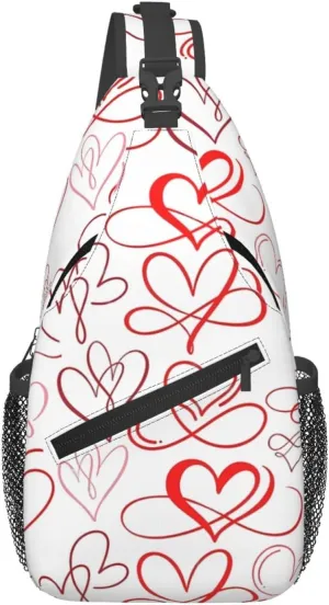 Valentine's Day Red Hearts Crossbody Bag Cross Chest Bag Adjustable Sling Backpack Sports Gym Shoulder Bags Travel Cycling Daypack Diagonally Casual Rucksack
