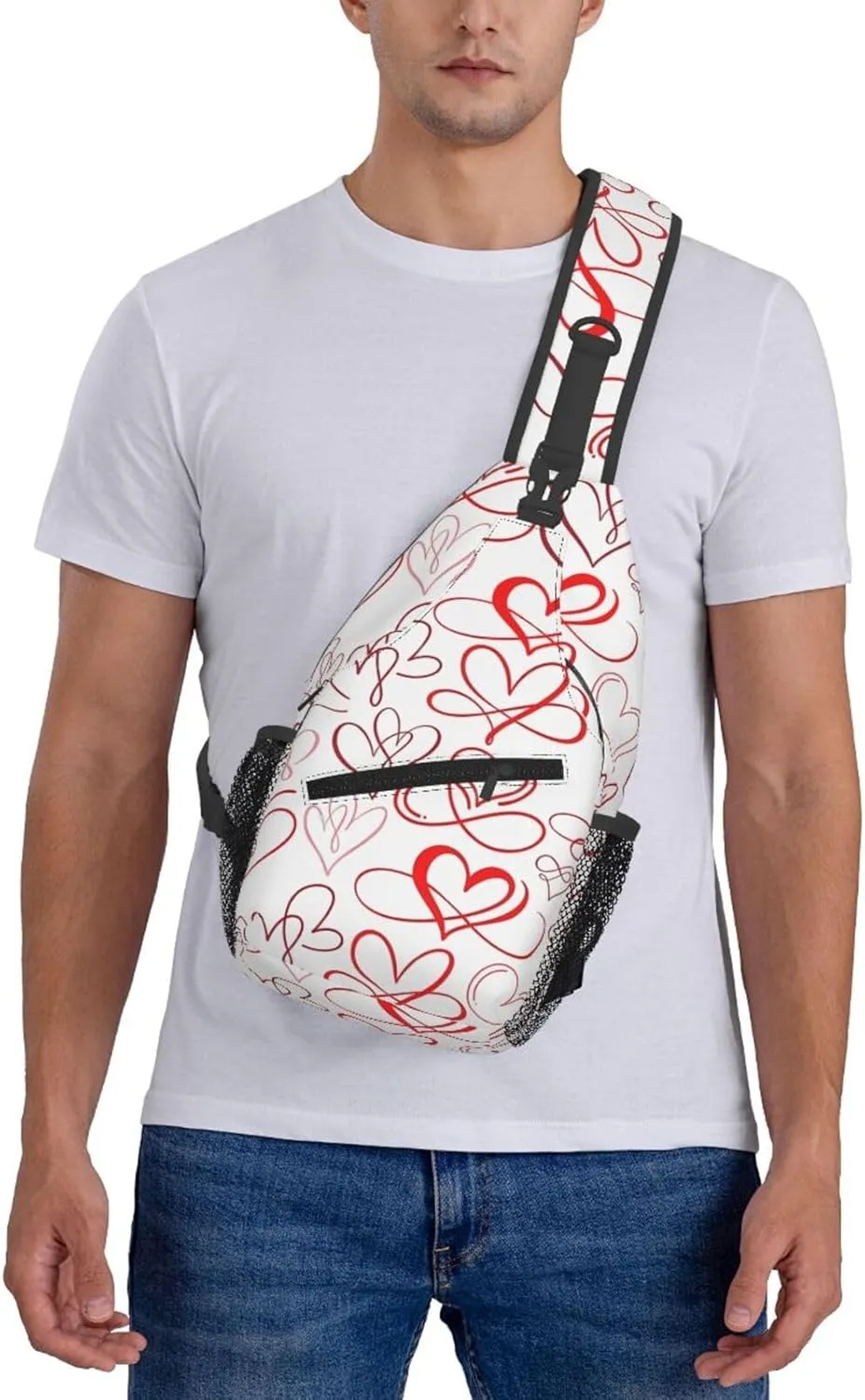 Valentine's Day Red Hearts Crossbody Bag Cross Chest Bag Adjustable Sling Backpack Sports Gym Shoulder Bags Travel Cycling Daypack Diagonally Casual Rucksack