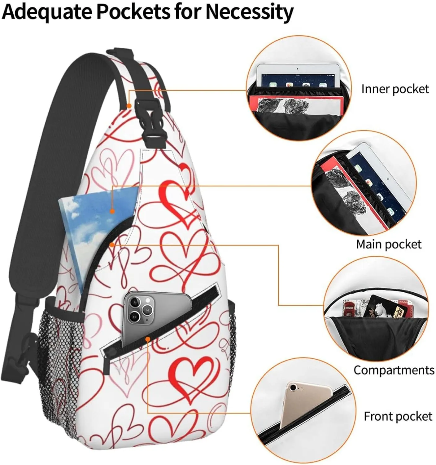 Valentine's Day Red Hearts Crossbody Bag Cross Chest Bag Adjustable Sling Backpack Sports Gym Shoulder Bags Travel Cycling Daypack Diagonally Casual Rucksack