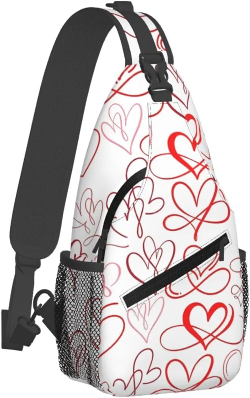 Valentine's Day Red Hearts Crossbody Bag Cross Chest Bag Adjustable Sling Backpack Sports Gym Shoulder Bags Travel Cycling Daypack Diagonally Casual Rucksack