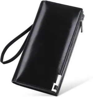 VANNANBA Long Wallet for Men with Zipper Leather Genuine Large Capacity Checkbook Clutch Purse for Travel Business Black