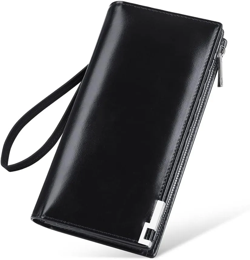 VANNANBA Long Wallet for Men with Zipper Leather Genuine Large Capacity Checkbook Clutch Purse for Travel Business Black