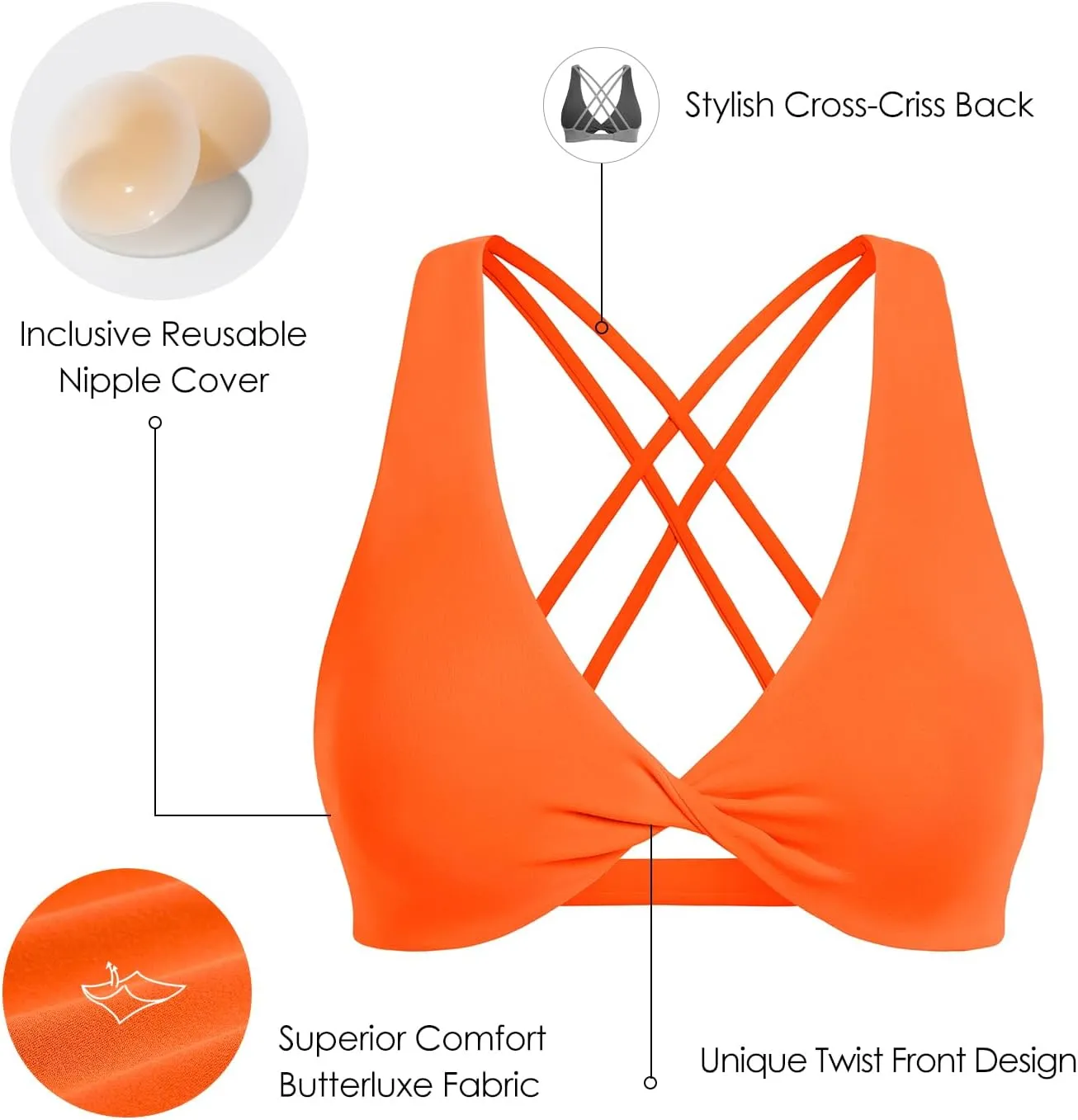 VANTONIA Womens Butterluxe Twist Front Sports Bra Deep V-Neck Crop Top Strappy Cross Back Bra with Nipple Covers-Vivi Bra