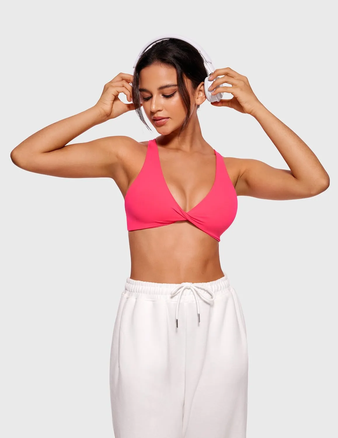 VANTONIA Womens Butterluxe Twist Front Sports Bra Deep V-Neck Crop Top Strappy Cross Back Bra with Nipple Covers-Vivi Bra