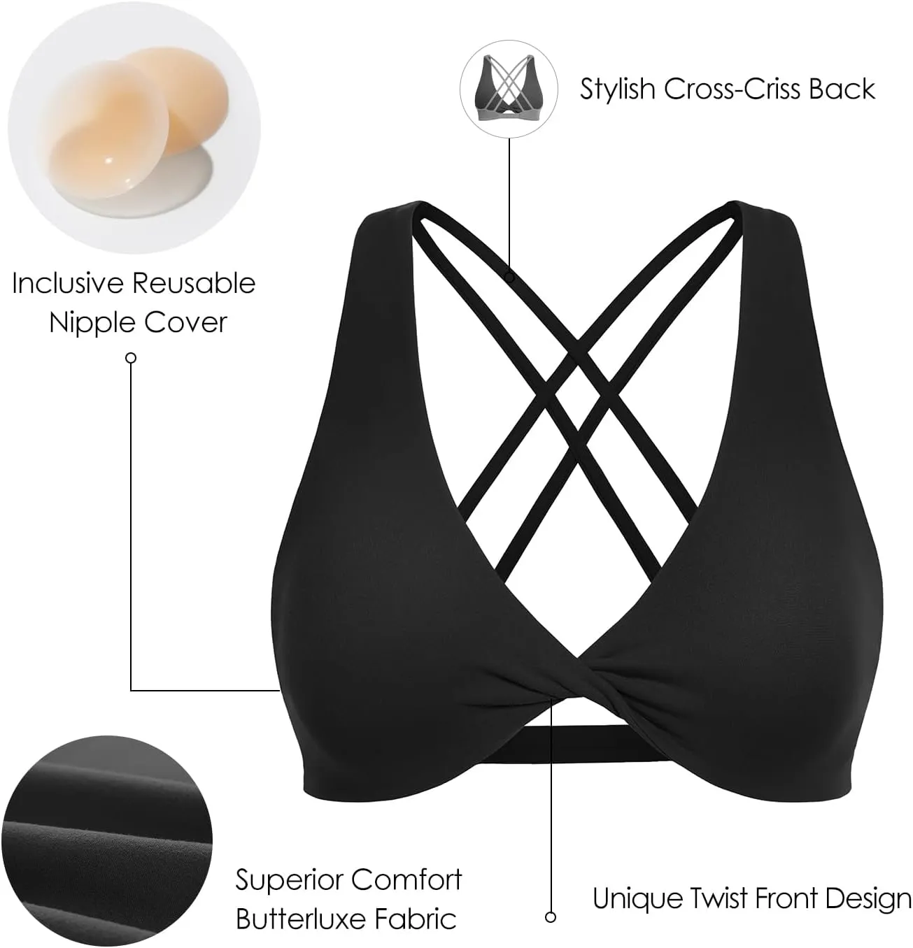 VANTONIA Womens Butterluxe Twist Front Sports Bra Deep V-Neck Crop Top Strappy Cross Back Bra with Nipple Covers-Vivi Bra