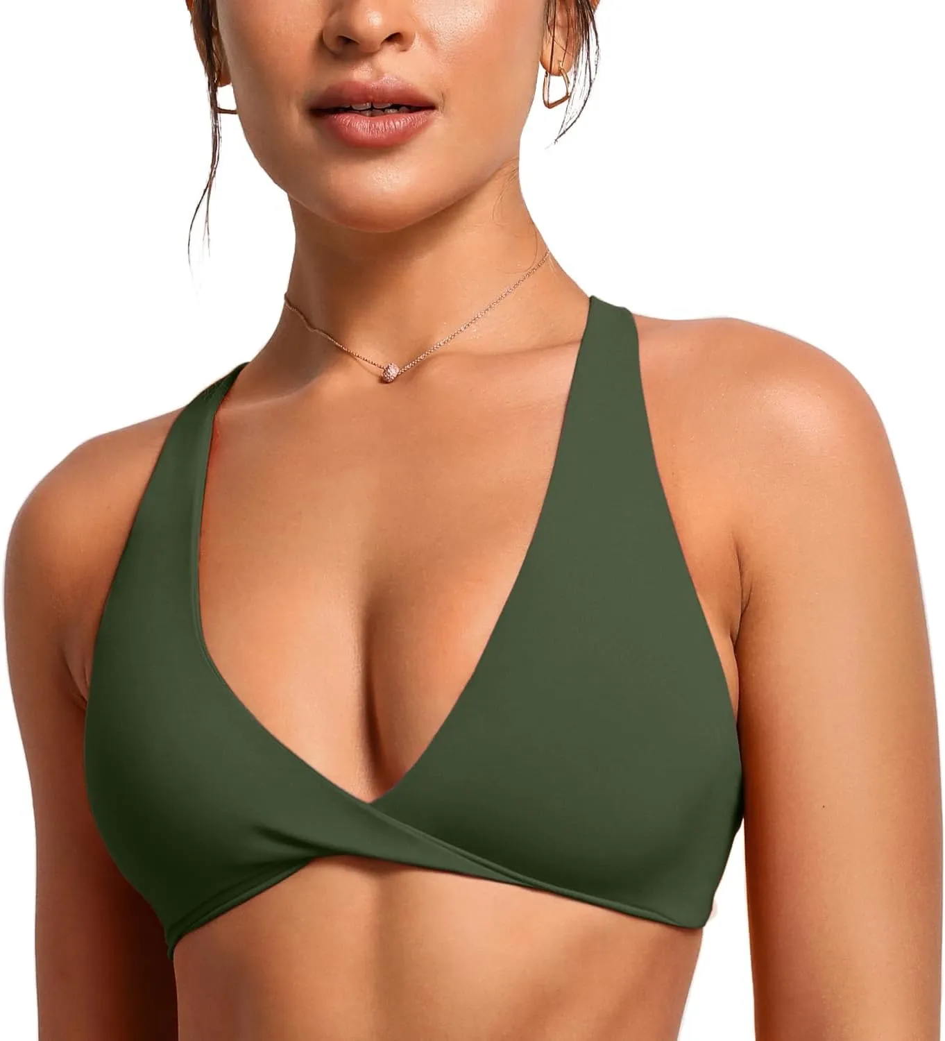 VANTONIA Womens Butterluxe Twist Front Sports Bra Deep V-Neck Crop Top Strappy Cross Back Bra with Nipple Covers-Vivi Bra
