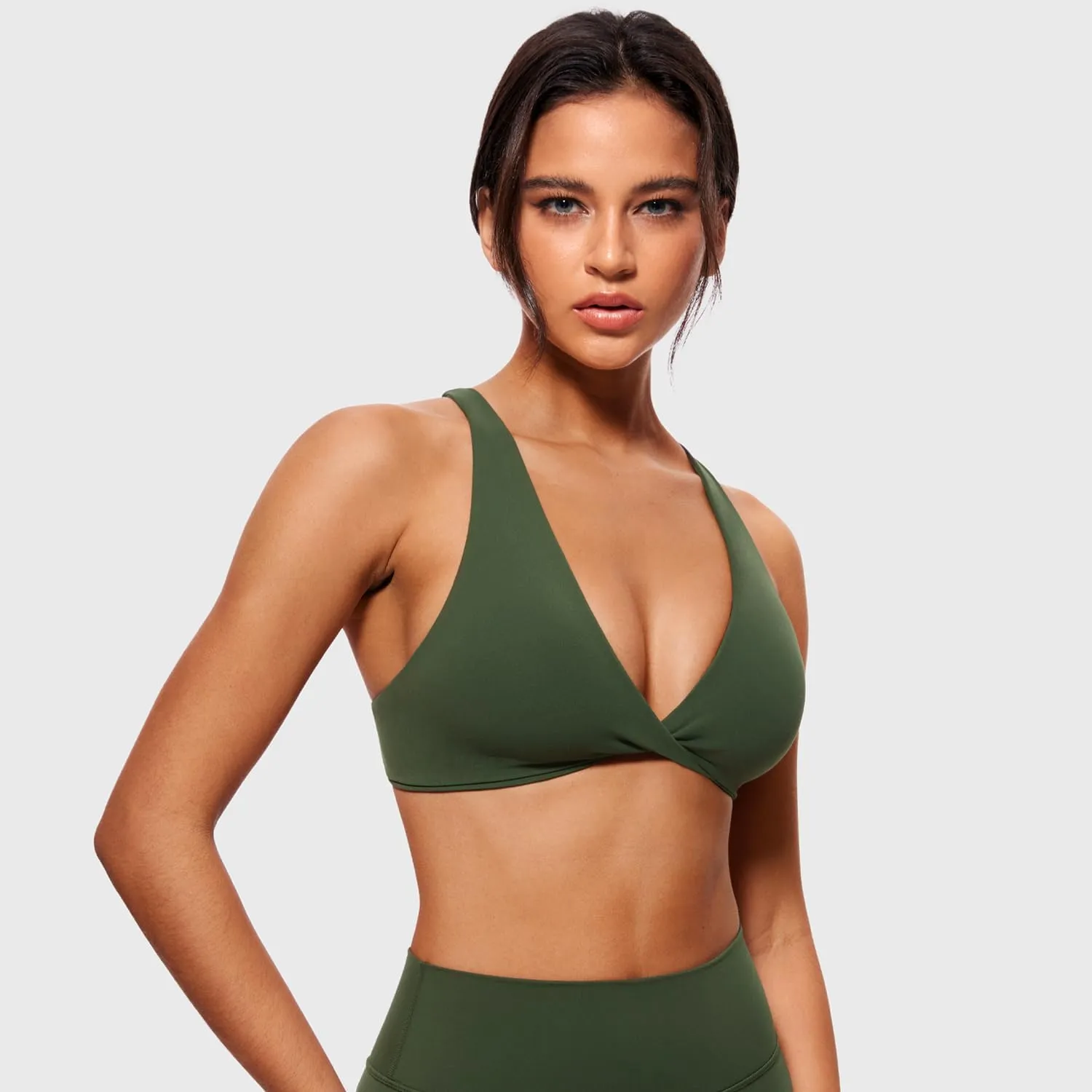 VANTONIA Womens Butterluxe Twist Front Sports Bra Deep V-Neck Crop Top Strappy Cross Back Bra with Nipple Covers-Vivi Bra