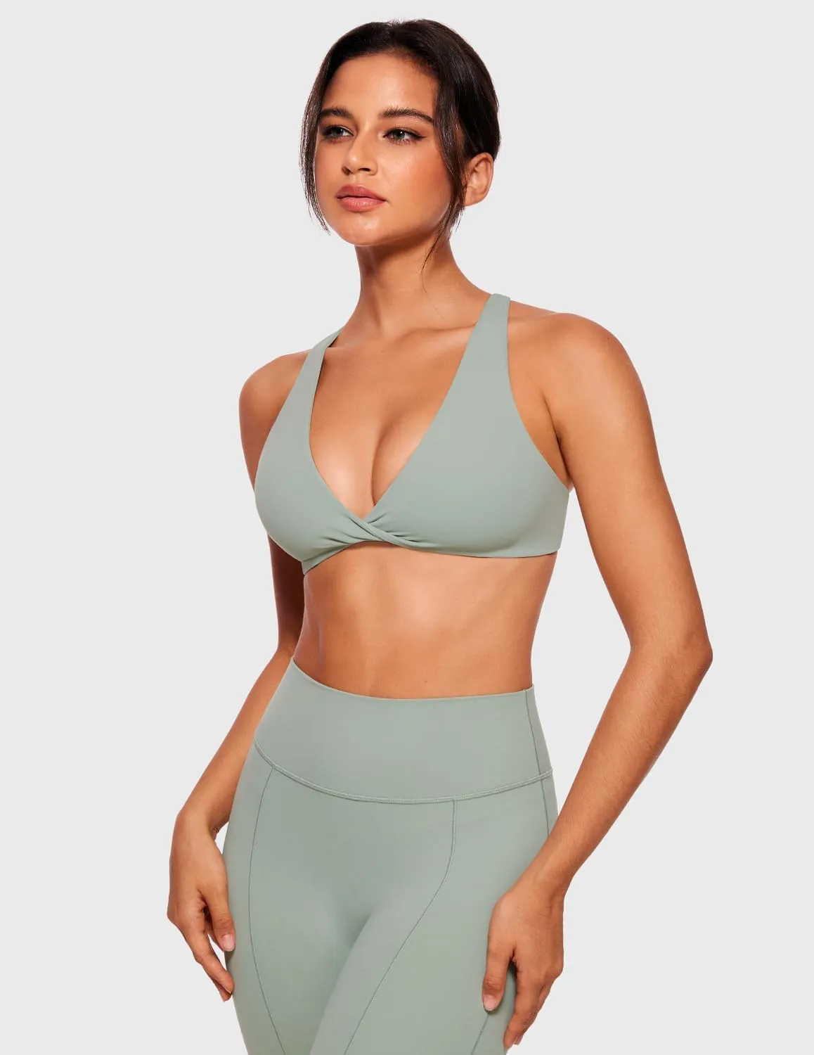 VANTONIA Womens Butterluxe Twist Front Sports Bra Deep V-Neck Crop Top Strappy Cross Back Bra with Nipple Covers-Vivi Bra