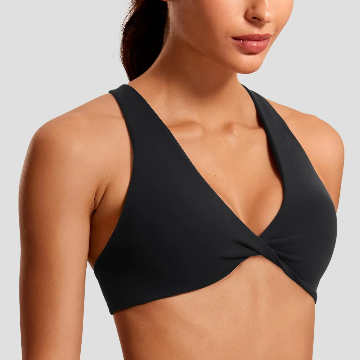 VANTONIA Womens Butterluxe Twist Front Sports Bra Deep V-Neck Crop Top Strappy Cross Back Bra with Nipple Covers-Vivi Bra