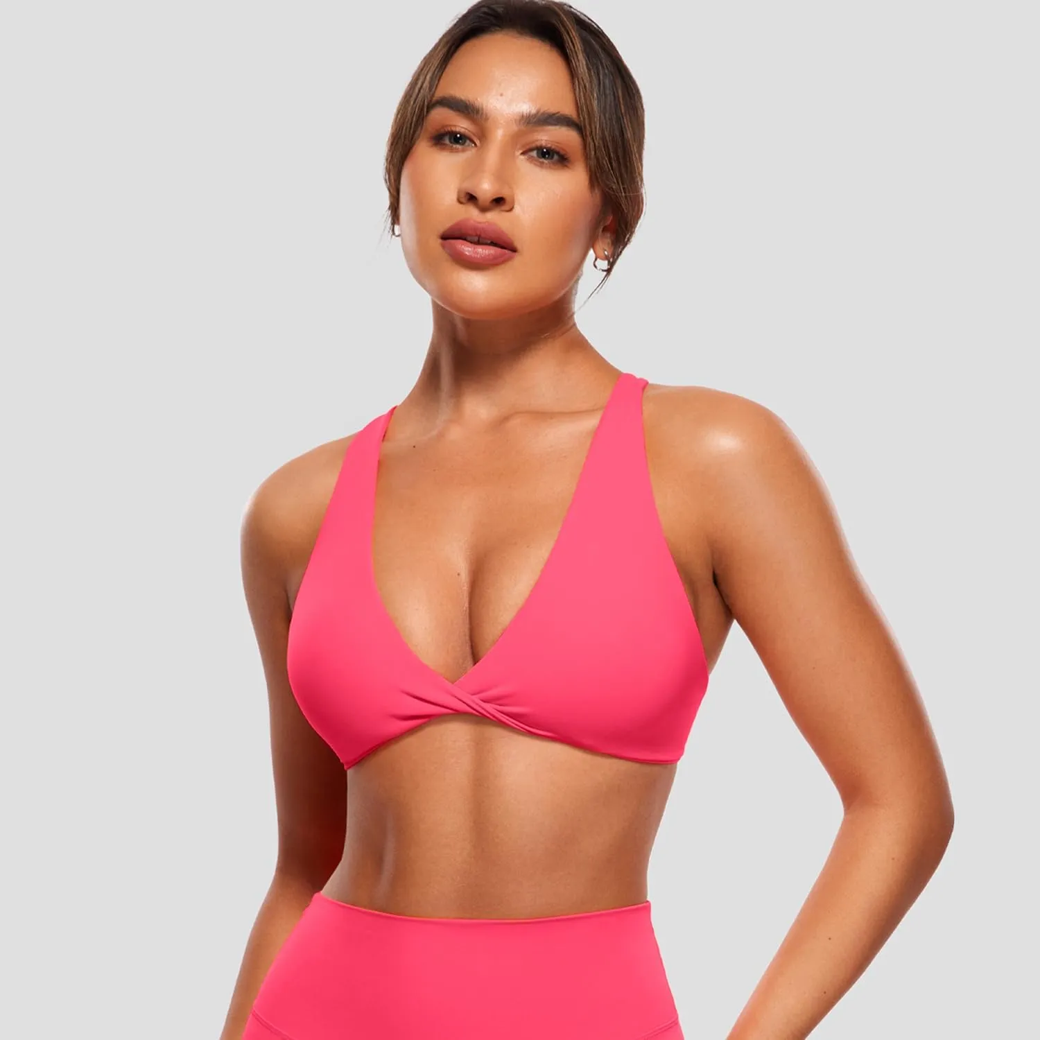 VANTONIA Womens Butterluxe Twist Front Sports Bra Deep V-Neck Crop Top Strappy Cross Back Bra with Nipple Covers-Vivi Bra