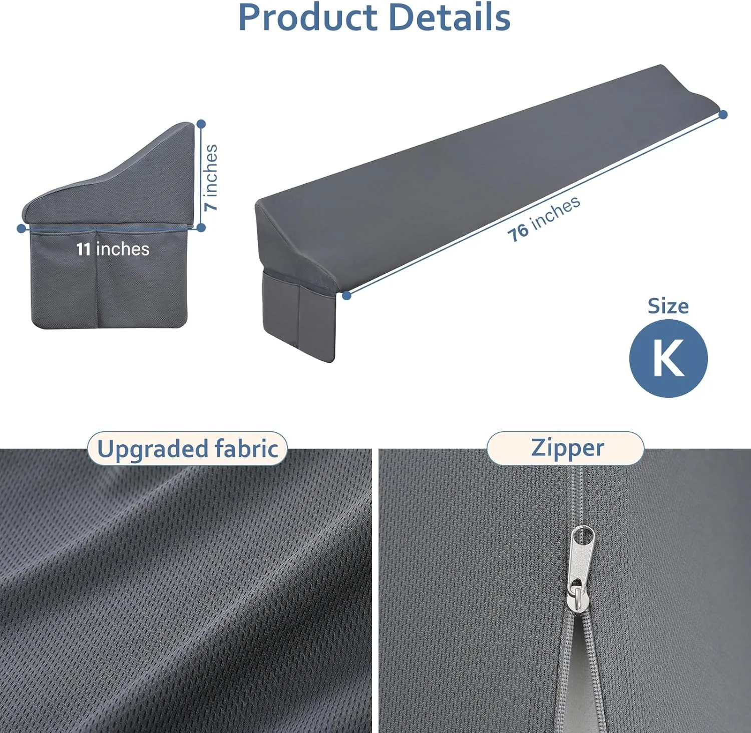 Vekkia King Bed Wedge Pillow for Headboard Gap Filler(0-7"),High-Density Foam,Prevents Pillows & Items from Falling,Ergonomic Design,Large Storage Pockets, Removable&Washable Cover,Gray,76''x7''x11''