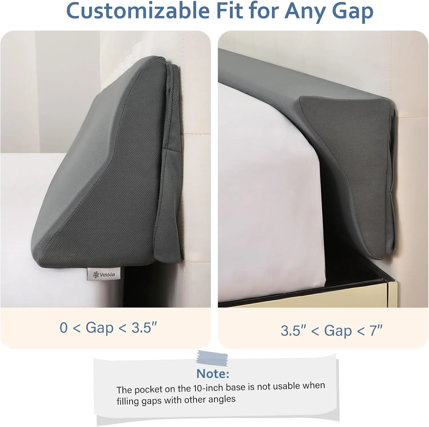 Vekkia King Bed Wedge Pillow for Headboard Gap Filler(0-7"),High-Density Foam,Prevents Pillows & Items from Falling,Ergonomic Design,Large Storage Pockets, Removable&Washable Cover,Gray,76''x7''x11''