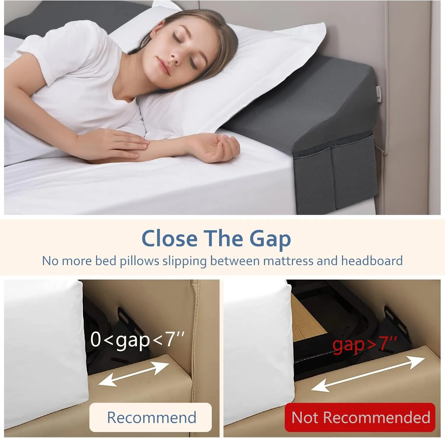 Vekkia King Bed Wedge Pillow for Headboard Gap Filler(0-7"),High-Density Foam,Prevents Pillows & Items from Falling,Ergonomic Design,Large Storage Pockets, Removable&Washable Cover,Gray,76''x7''x11''