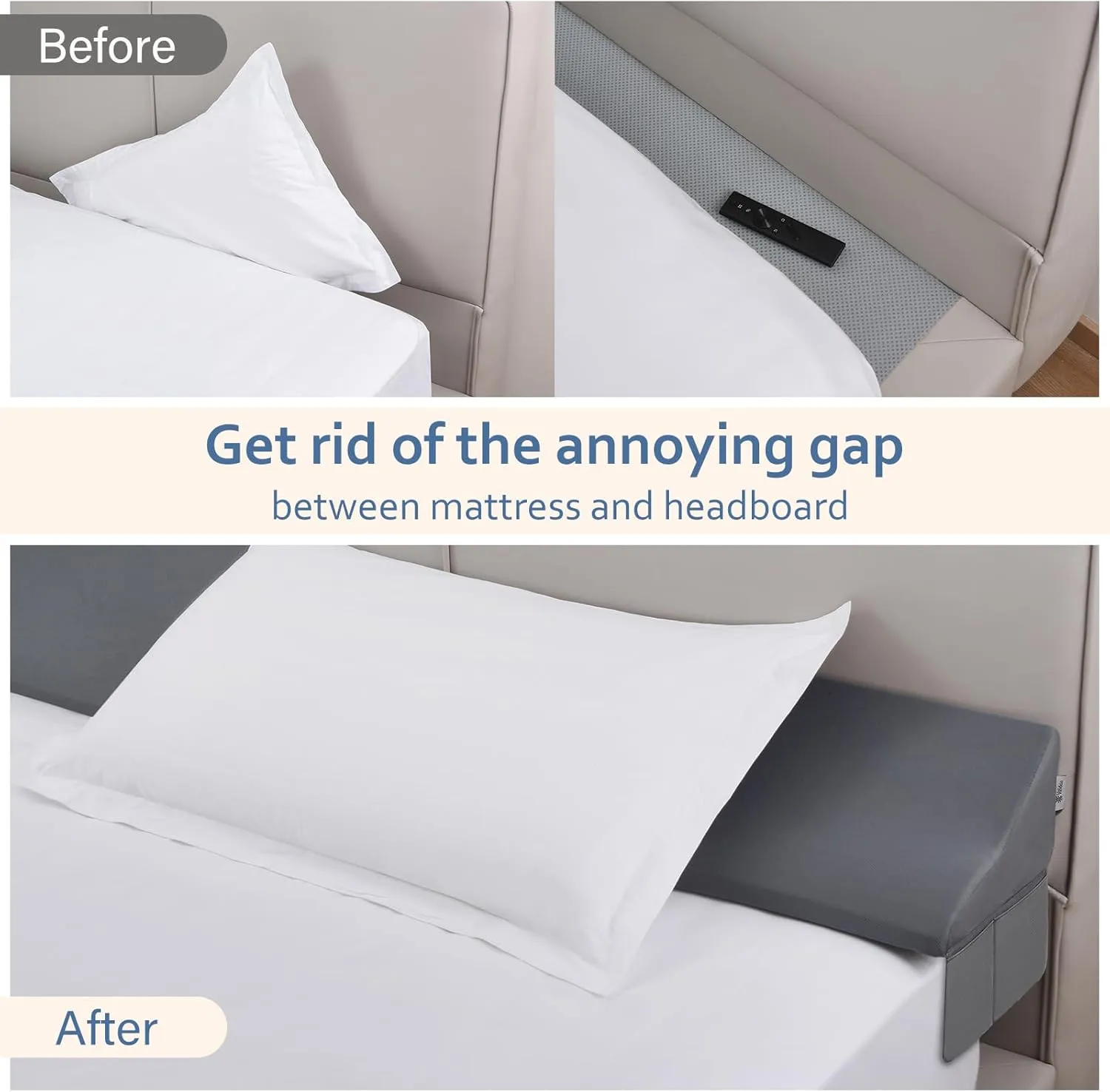 Vekkia King Bed Wedge Pillow for Headboard Gap Filler(0-7"),High-Density Foam,Prevents Pillows & Items from Falling,Ergonomic Design,Large Storage Pockets, Removable&Washable Cover,Gray,76''x7''x11''